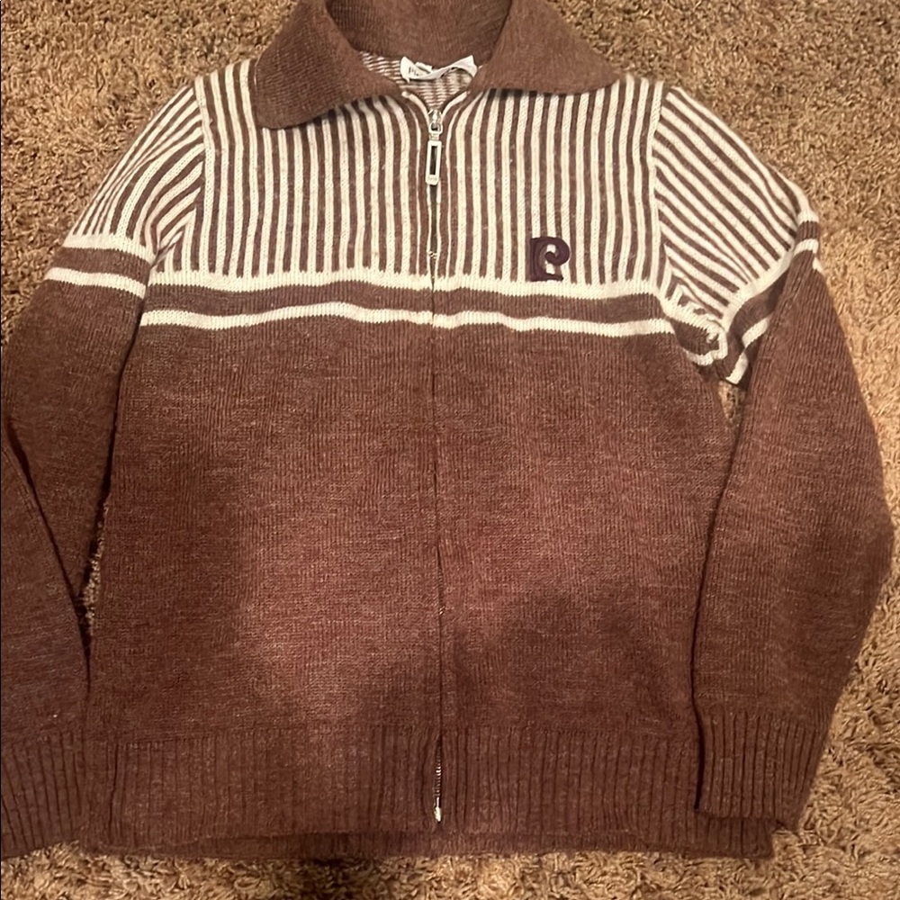 Vintage Pierre Cardin Paris brown striped zip up cardigan.